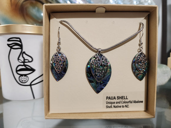 #39 Leaf Paua Rhodium Pendant and Earring Set