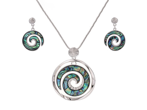 Koru Paua Rhodium Pendant and Earring Set