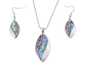 Leaf Paua Rhodium Pendant and Earring Set