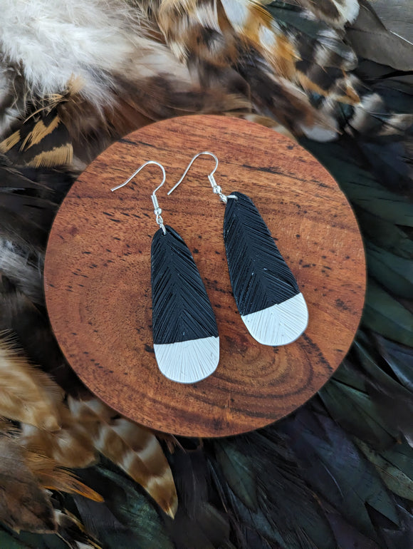 #9 Huia Feather Polymer Clay Earrings (Black and White)