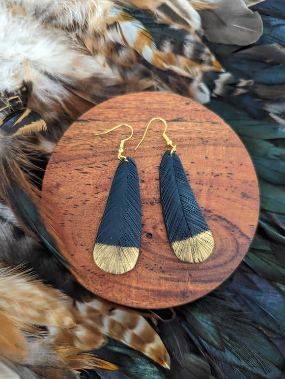 #10 Huia Feather Polymer Clay Earrings (Black and Gold)