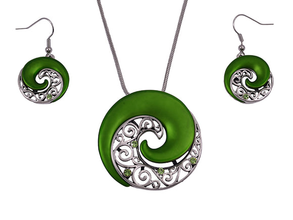 Green Koru Rhodium Pendant and Earring Set