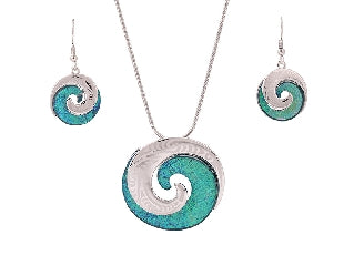 #5 Blue Koru Rhodium Pendant and Earring Set