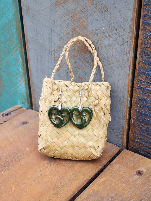 # 5 Greenstone Heart Koru Earrings 25mm