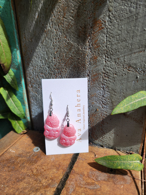 Pink Resin Tiki Earrings - Silver Fittings