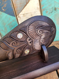 Dark stained Wooden Carved Patu with stand (450mm)