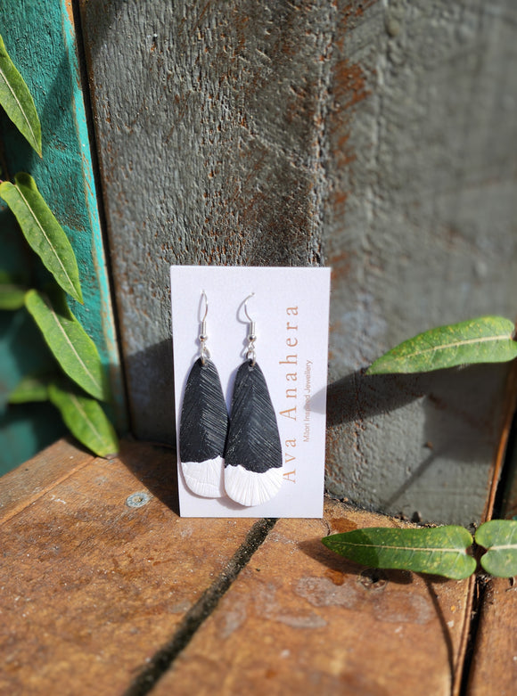Huia Feather Polymer Clay Earrings (Black and White)
