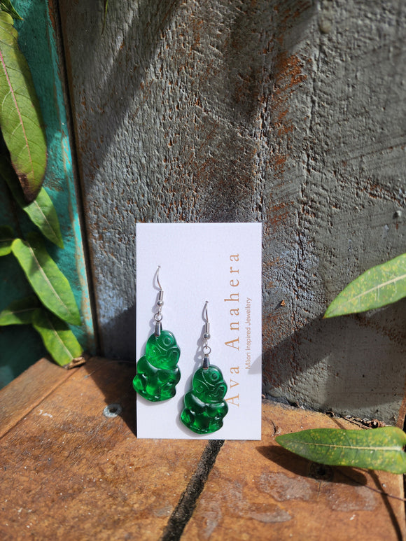Green Resin Tiki Earrings - Silver Fittings