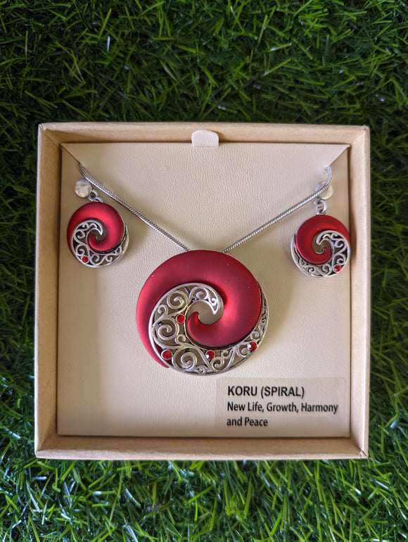 #21 Red Koru Rhodium Pendant and Earring Set