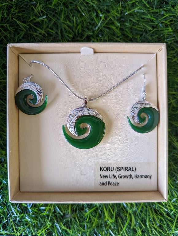 #5 Green Koru Rhodium Pendant and Earring Set